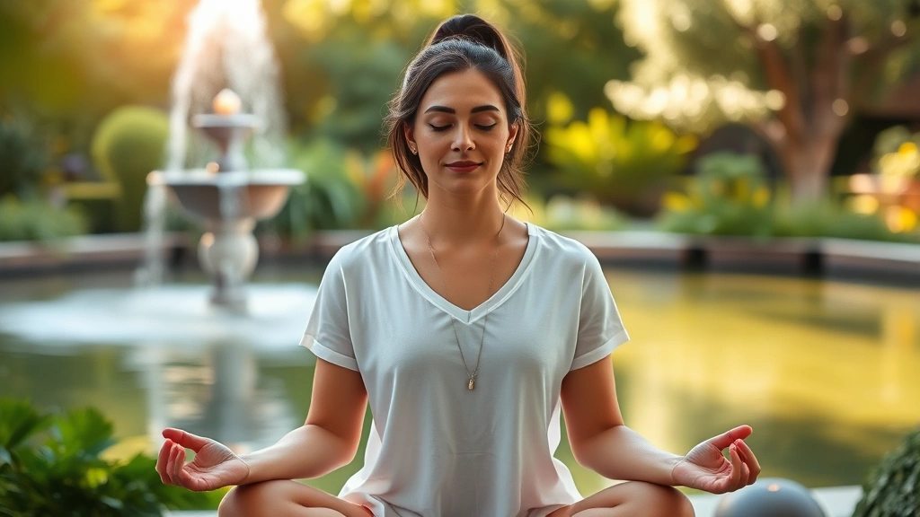Peaceful person meditating in serene garden with soft natural light and gentle water fountain background
