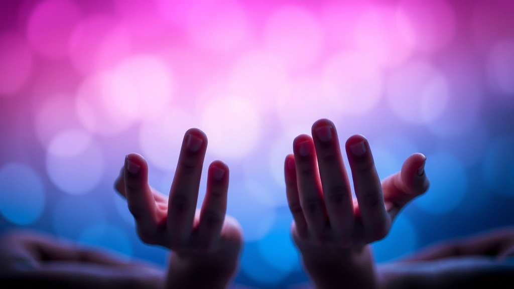 Close-up of hands in meditation position with calming purple and blue gradient bokeh light effects