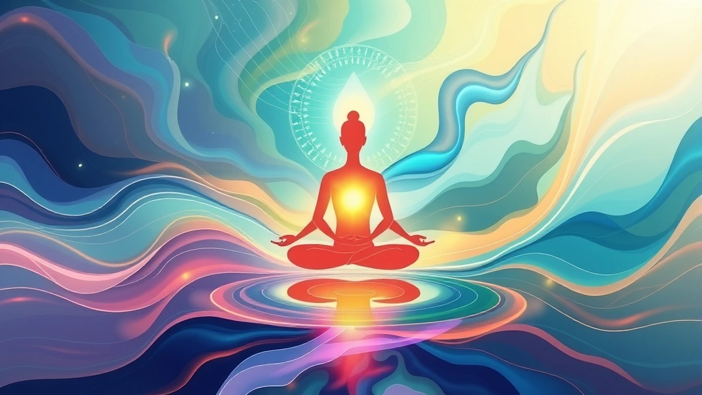 Abstract flowing meditation energy visualization with peaceful colors and mindfulness symbols throughout