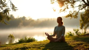 Peaceful meditation scene with person sitting cross-legged in serene nature environment with soft morning light