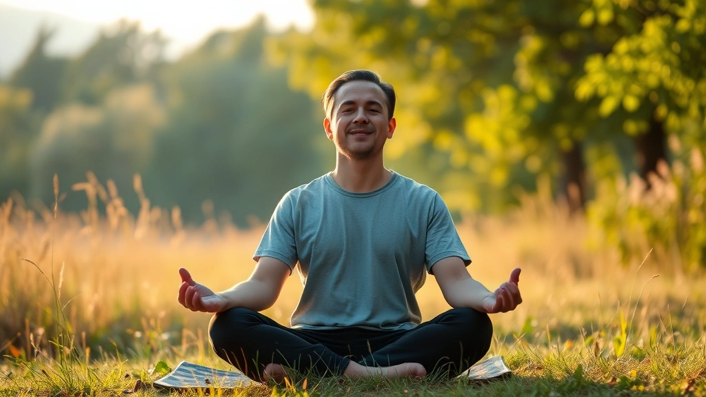 Peaceful person meditating in serene nature setting with soft morning light and calm expression