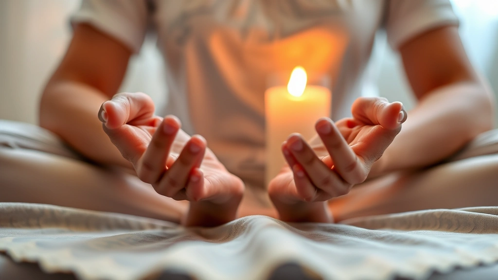 Close-up of hands in meditation mudra position on lap with gentle candlelight background