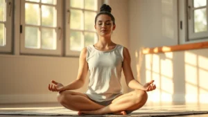 Person meditating peacefully in lotus position with soft morning light streaming through windows, calm serene expression on face