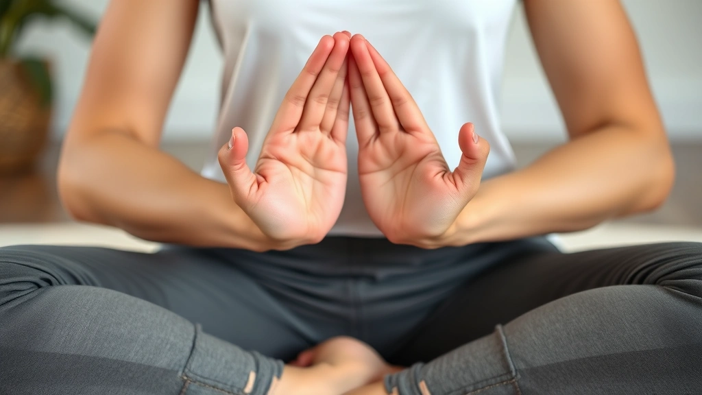Close-up of hands in meditation mudra position on lap, showing proper posture and relaxation during breathing practice