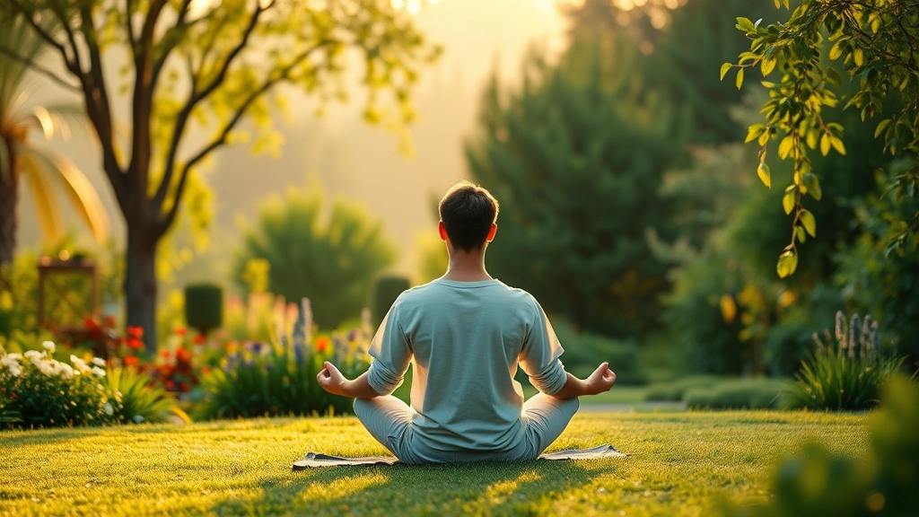 Serene person meditating in peaceful garden with soft morning light and nature background