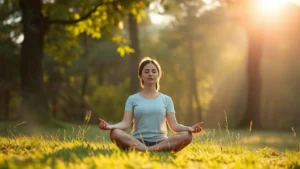 Serene person meditating in peaceful natural setting with morning sunlight filtering through trees, calm focused expression