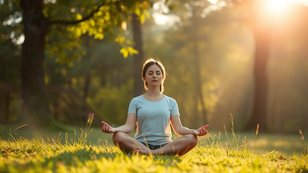 Serene person meditating in peaceful natural setting with morning sunlight filtering through trees, calm focused expression