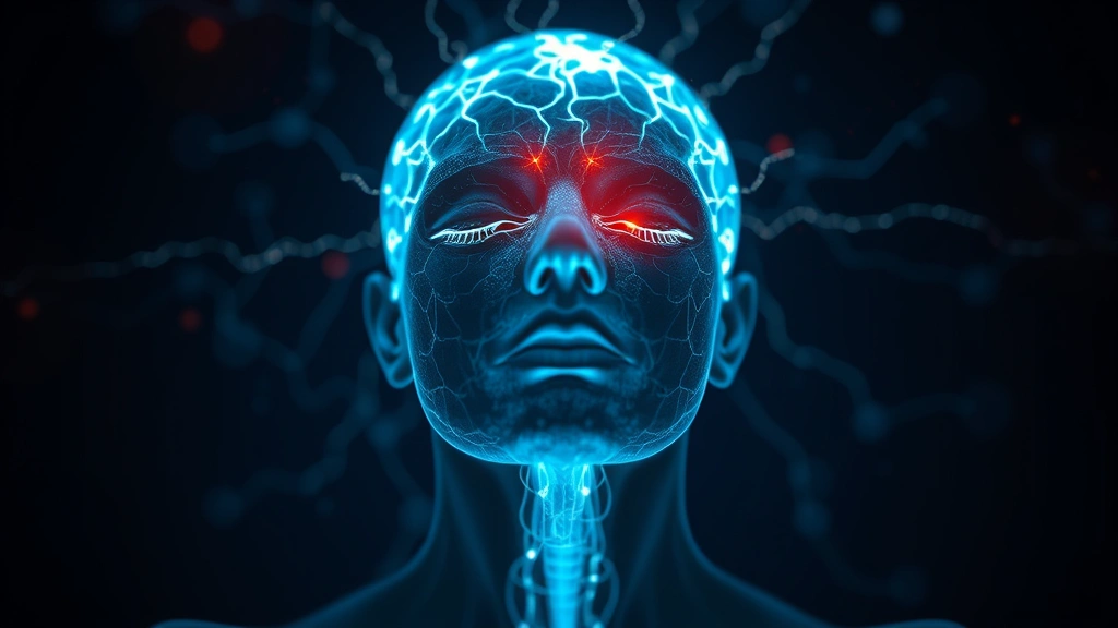 Close-up of someone in meditation posture with visual representation of neural pathways or brain activity glowing