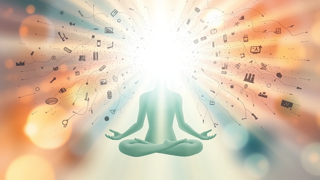 Abstract visualization of scattered thoughts transforming into concentrated beam of light during meditation practice