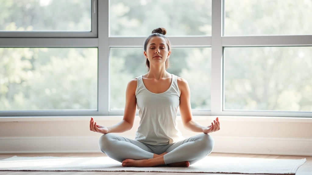 Person sitting peacefully in lotus position by window, soft natural light, serene expression, focusing on breath awareness