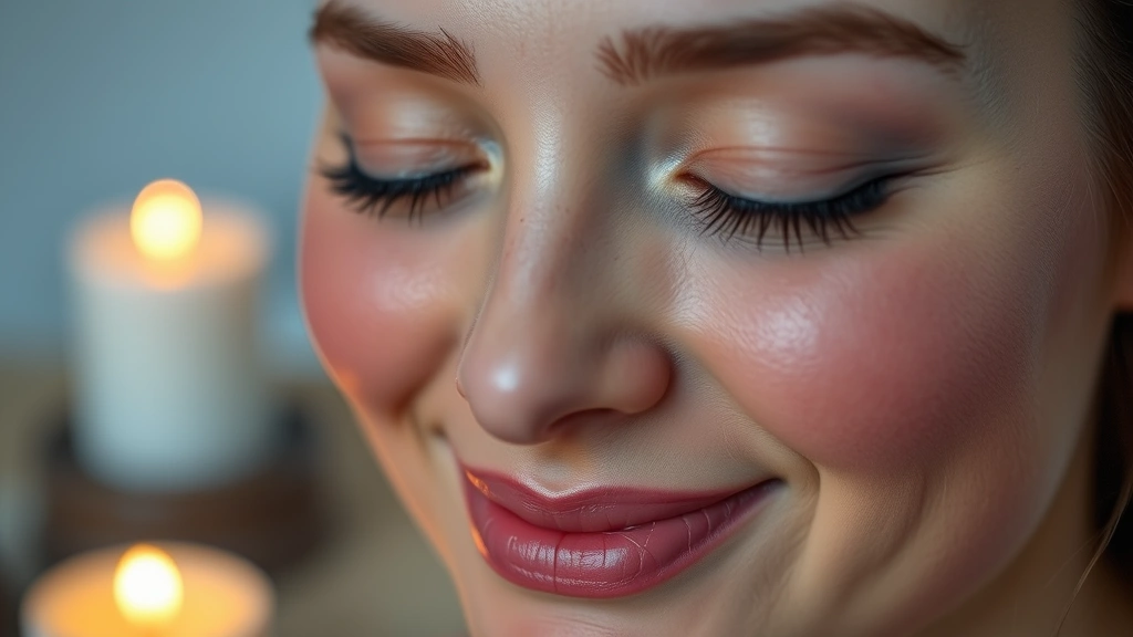 Close-up of person's face showing calm breathing, gentle smile, peaceful eyes, meditation setting with candles