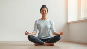 Serene person sitting in meditation posture with peaceful expression in minimalist, calm environment with soft natural lighting