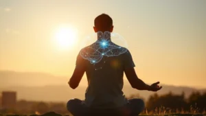Person meditating in serene morning light with brain visualization overlay showing neural connections activating