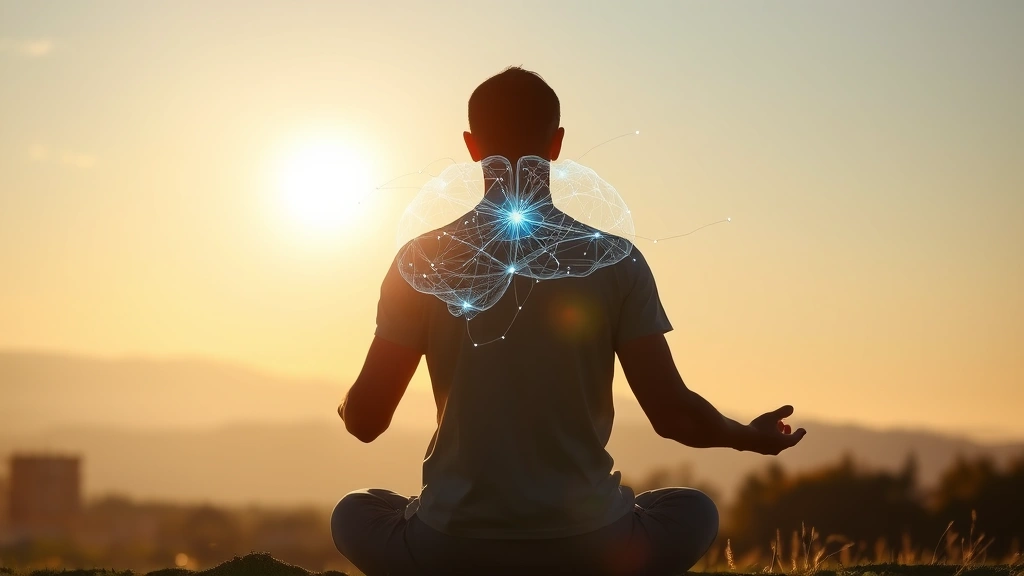 Person meditating in serene morning light with brain visualization overlay showing neural connections activating
