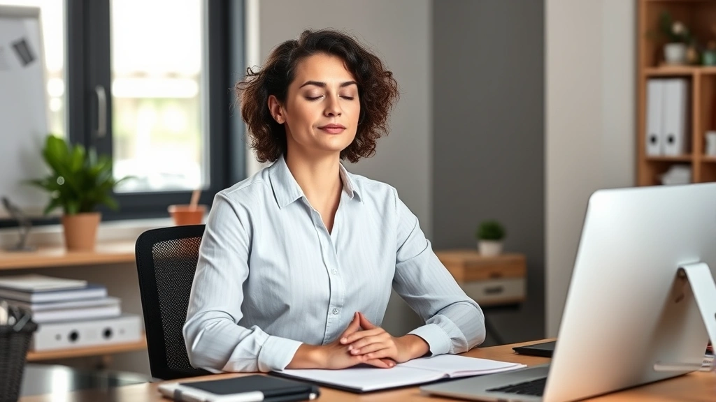 Focused professional at desk practicing brief mindfulness meditation with calm expression and organized workspace
