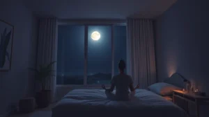 Peaceful bedroom at night with soft moonlight, person meditating on bed surrounded by calm, serene environment and gentle lighting