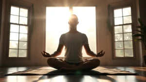 Serene person meditating in peaceful lotus position with soft morning light filtering through windows creating calm atmosphere