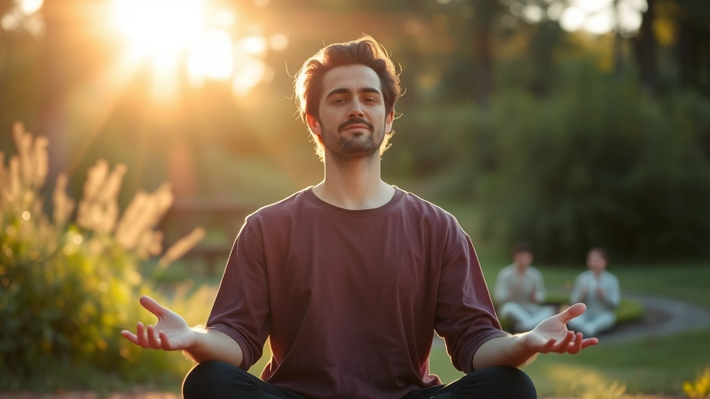 Person meditating peacefully in morning sunlight, surrounded by nature, focused expression, serene atmosphere