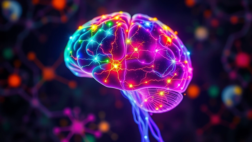 Brain neurons lighting up during meditation, vibrant colors representing neural pathways, scientific visualization