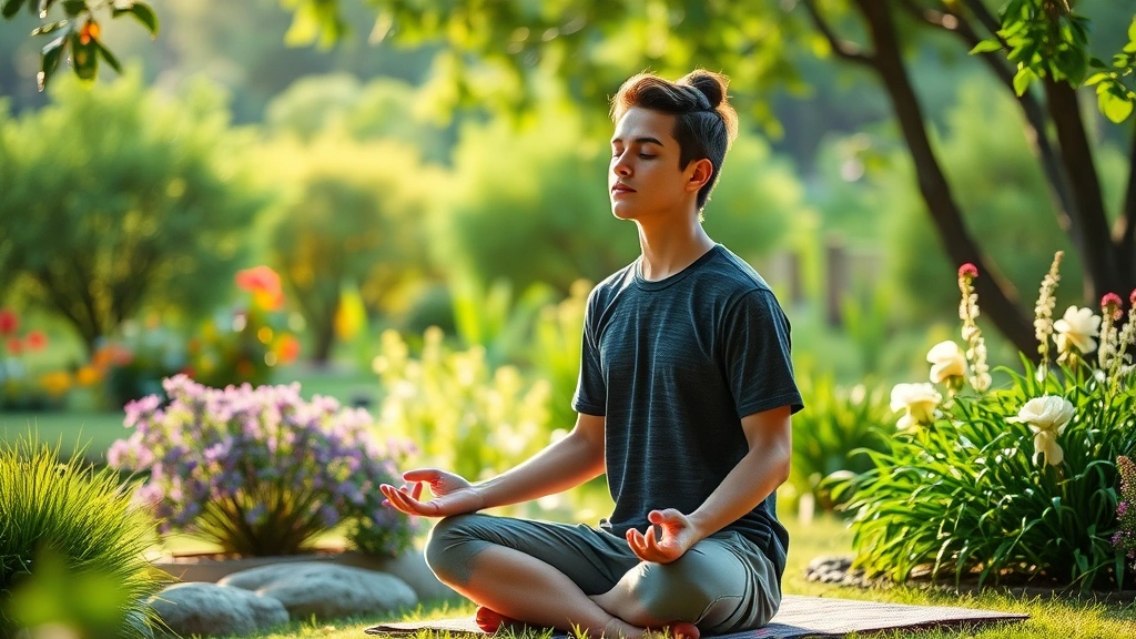 Person meditating in serene garden with focused expression, soft morning light, peaceful natural setting