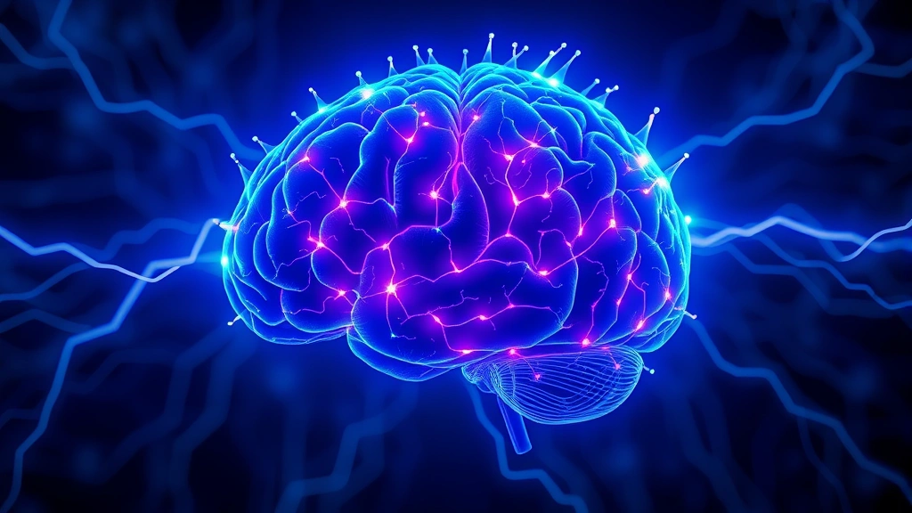 Brain neural pathways lighting up with blue and purple energy, representing meditation's cognitive enhancement