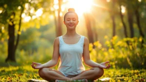 Peaceful person meditating in serene natural setting with soft golden sunlight filtering through trees, calm expression, lotus position