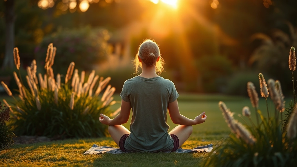 Serene person meditating outdoors at sunrise in peaceful garden setting with soft golden light