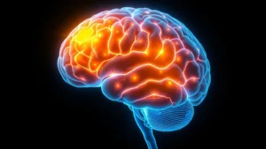 Brain cross-section highlighting prefrontal cortex and anterior cingulate glowing with neural activity during meditation