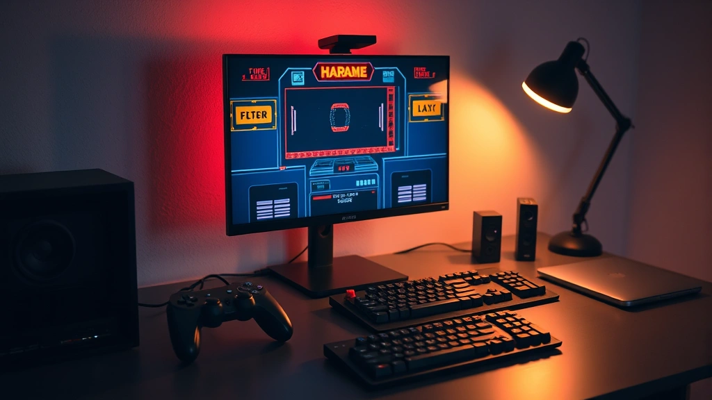 Minimalist desk setup with gaming controller, mechanical keyboard, and monitor displaying retro arcade game in progress, clean modern aesthetic, warm lighting