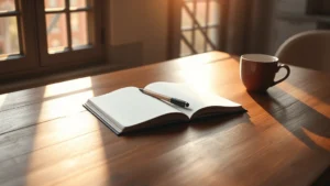 Serene workspace with open notebook and pen on wooden desk, morning sunlight streaming through window, coffee cup nearby, minimalist aesthetic, peaceful atmosphere