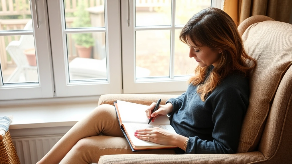 Person writing in journal while sitting on comfortable chair by window, natural light, focused expression, cozy home setting, journaling in progress