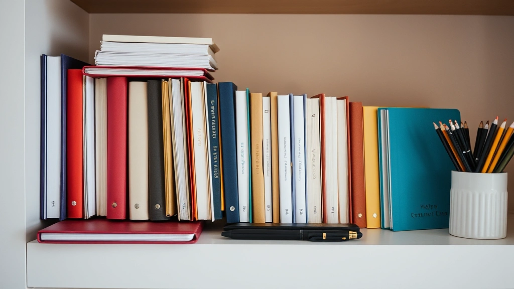 Organized journal collection displayed on shelf with different colored notebooks, pens arranged neatly, warm lighting, personal reflection space aesthetic
