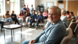 A calm person sitting in a welcoming community clinic waiting room with natural light streaming through windows, comfortable seating, and a diverse group of individuals in the background receiving support.