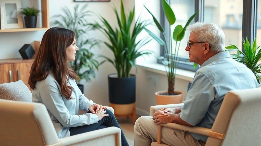 A professional therapist and client in a supportive counseling session, seated comfortably in a warm office environment with plants and natural lighting, showing engaged active listening.
