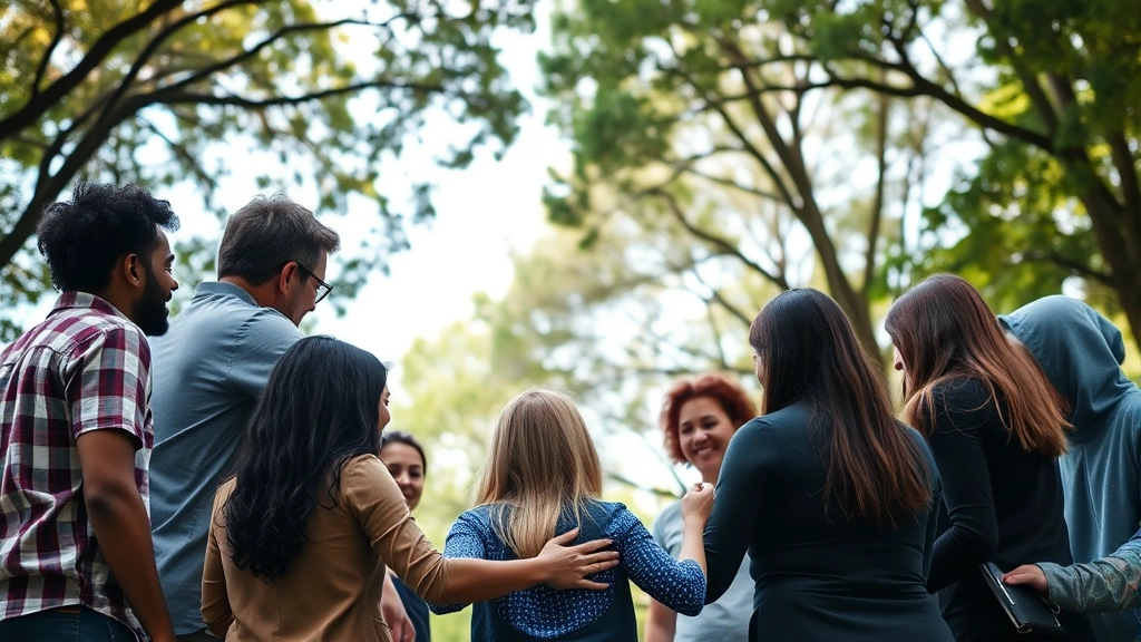 Diverse group of people in supportive circle formation outdoors, genuine connection and warmth, natural setting with trees, collaborative community atmosphere