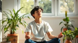 Serene teenage student sitting peacefully in a sunlit room with plants, eyes closed in calm meditation, natural morning light streaming through windows