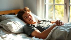A student peacefully sleeping in morning sunlight streaming through bedroom window, completely relaxed and rested appearance, soft natural lighting