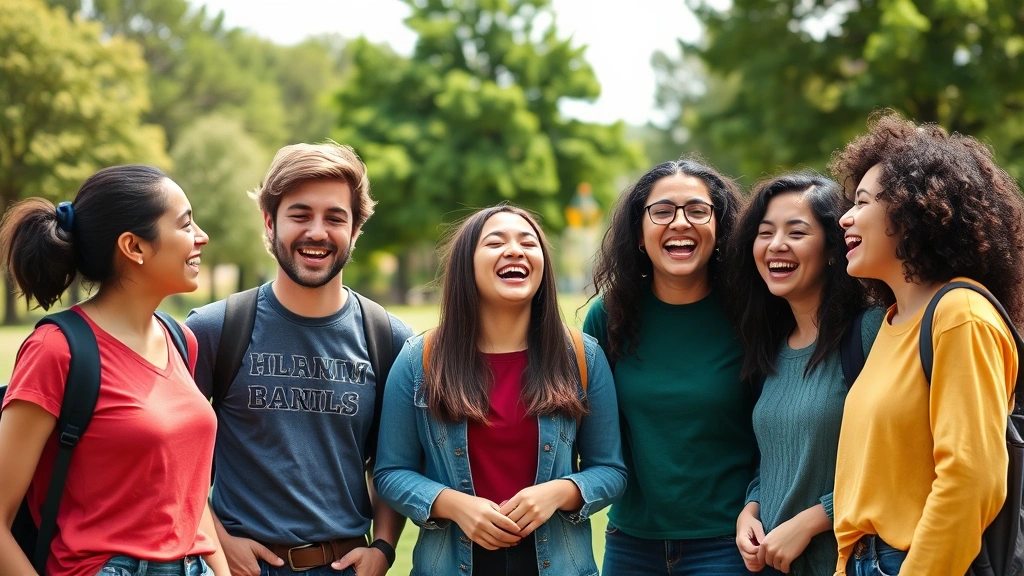Group of diverse students laughing together outdoors on a sunny day, relaxed body language, green park setting with trees in background