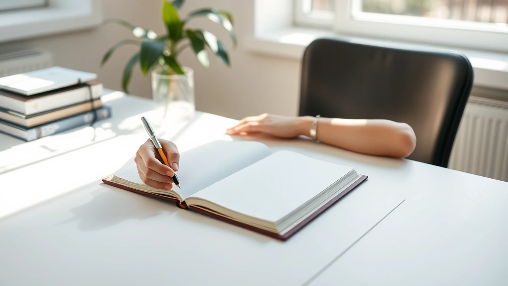 Student at desk with open journal and pen, surrounded by soft natural light, peaceful expression, minimalist workspace with plant nearby