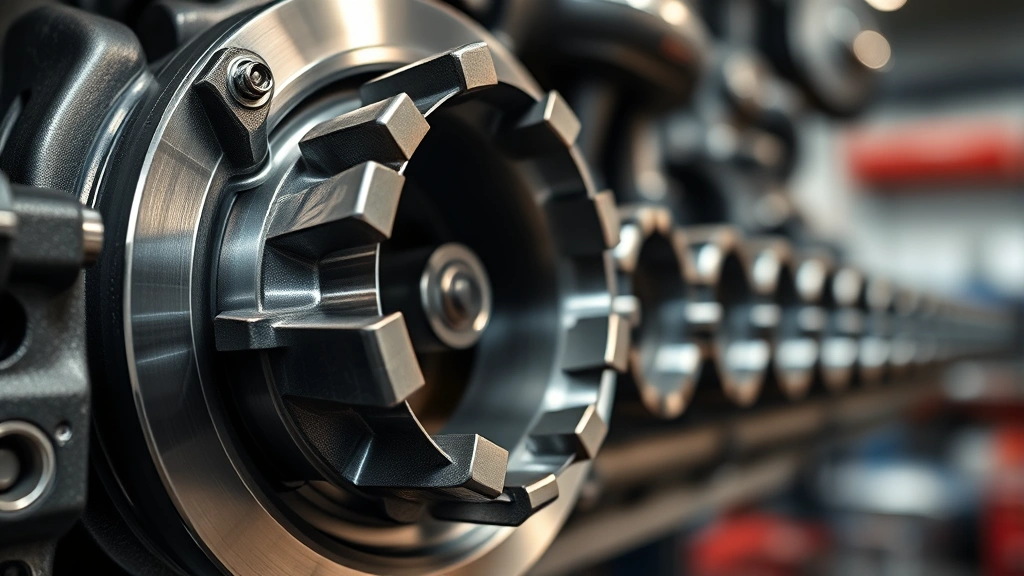 Close-up of precision engine camshaft with multiple lobes, metallic finish, professional automotive workshop lighting, shallow depth of field