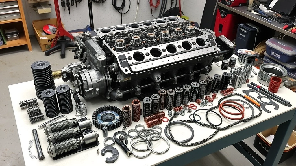 Organized array of engine components including lifters, valve springs, gaskets, and timing chain parts on clean workbench with tools
