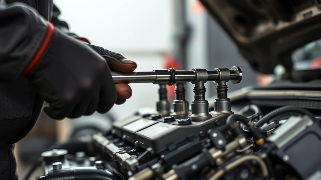 Hands of experienced mechanic installing performance camshaft into engine block, wearing work gloves, focused precision work in well-lit garage