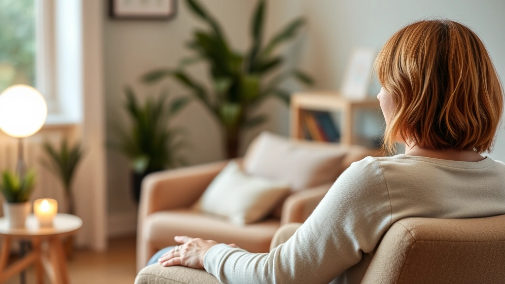 Someone in a therapy or counseling session, sitting comfortably in a supportive environment with warm lighting, representing professional help and active treatment