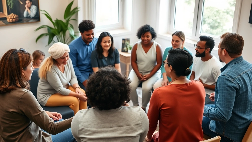A diverse group of people in a supportive circle or meeting space, showing connection and community support during the recovery and integration phase