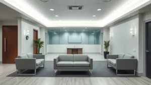 Professional calm psychiatric hospital waiting room with soft lighting, comfortable seating, and modern wellness design, no text or signage visible
