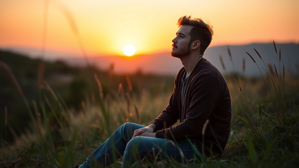 Peaceful person sitting in nature during sunset, appearing thoughtful and contemplative, surrounded by natural landscape elements