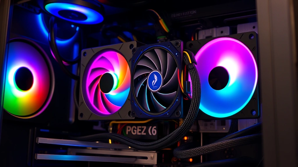 Modern computer power supply unit mounted in gaming PC case with RGB lighting and cables, showing internal components and cooling fan, high-end electronics