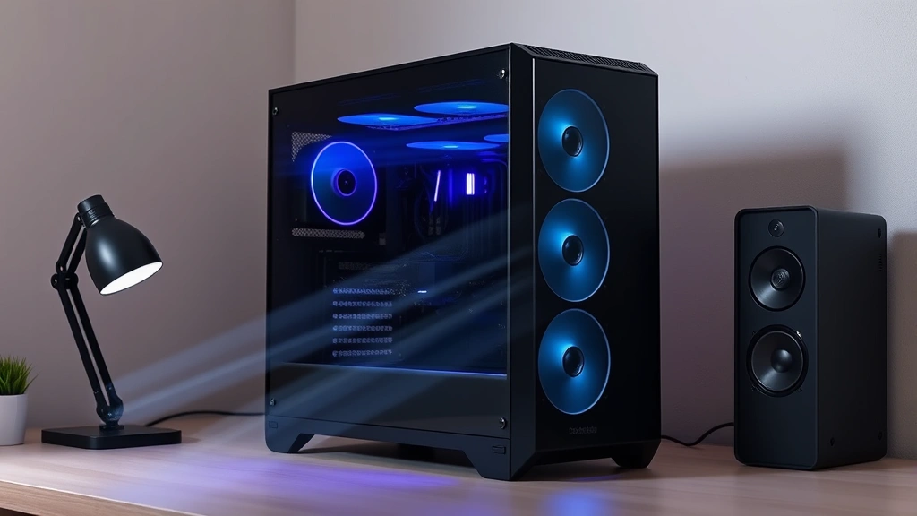 Minimalist desk setup with a gaming PC tower, showing ventilation and airflow patterns with subtle light rays indicating cooling efficiency, no visible text