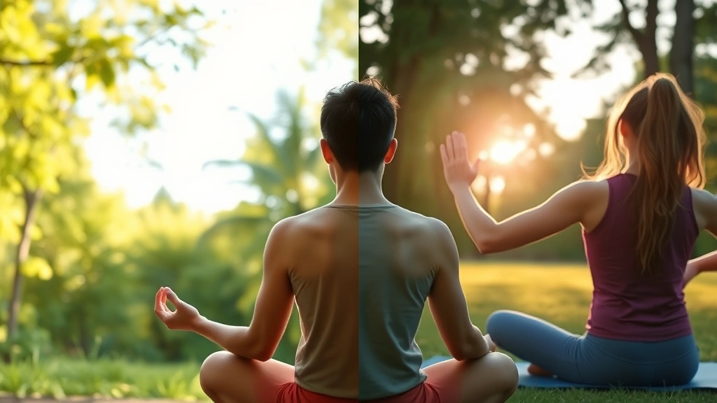 Split-screen showing a person meditating peacefully on one side and exercising outdoors on the other, representing physical and spiritual renewal, vibrant natural setting