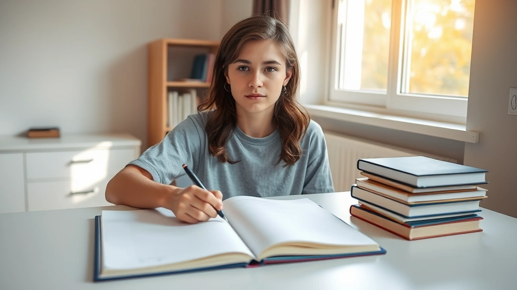 A focused teenage student sitting at a clean desk with an open notebook and pen, morning sunlight streaming through a window, contemplative expression, peaceful study environment